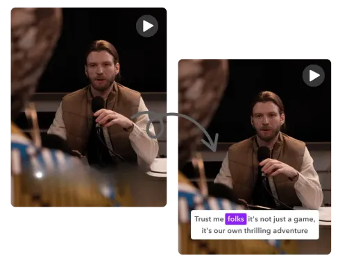 Video before/after adding subtitles: 'Trust me folks...' — arrow shows the change.