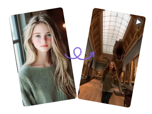 Transform uploaded photo into AI Beast Chase video with dinosaur in library