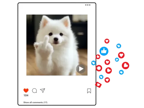 White dog with finger gesture via AI filter, displayed on a social media - like interface with engagement icons.